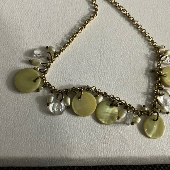 Gold Tone Necklace With Green Mother of Pearl Discs and Other Dangling Stones - Picture 1 of 2